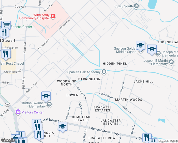map of restaurants, bars, coffee shops, grocery stores, and more near 800 Winchester Road in Hinesville