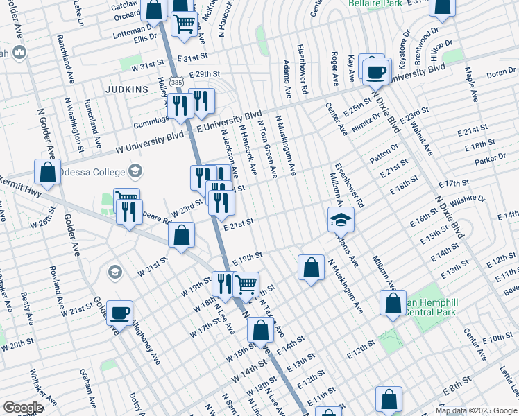 map of restaurants, bars, coffee shops, grocery stores, and more near 2108 North Jackson Avenue in Odessa