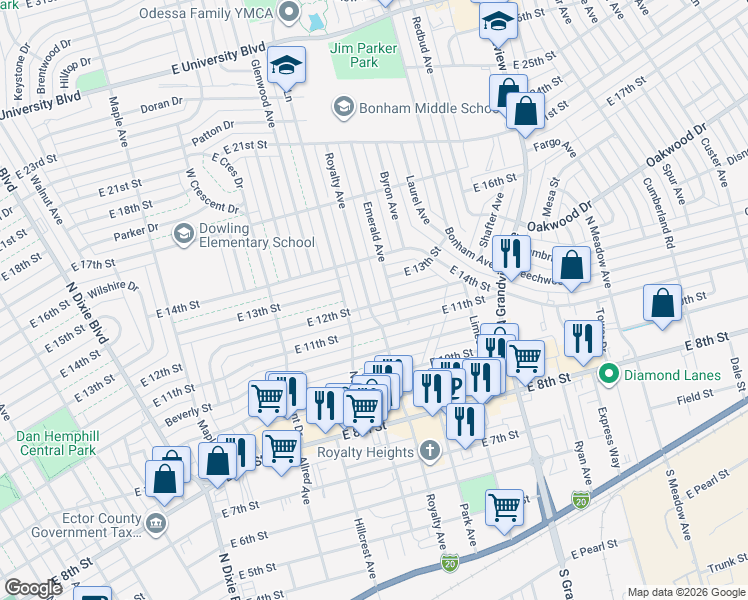 map of restaurants, bars, coffee shops, grocery stores, and more near 1205 Royalty Avenue in Odessa