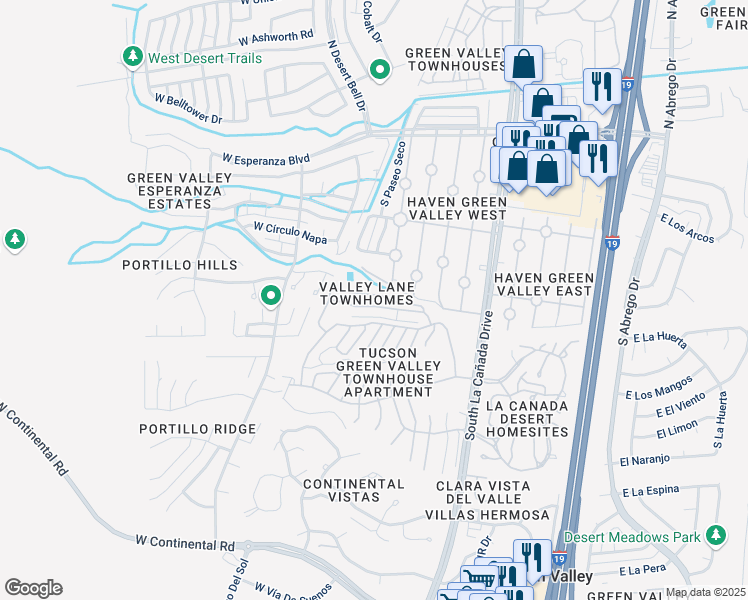 map of restaurants, bars, coffee shops, grocery stores, and more near 635 West Camino del Bondadoso in Green Valley