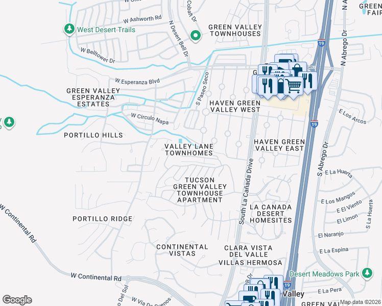 map of restaurants, bars, coffee shops, grocery stores, and more near 635 West Camino del Bondadoso in Green Valley