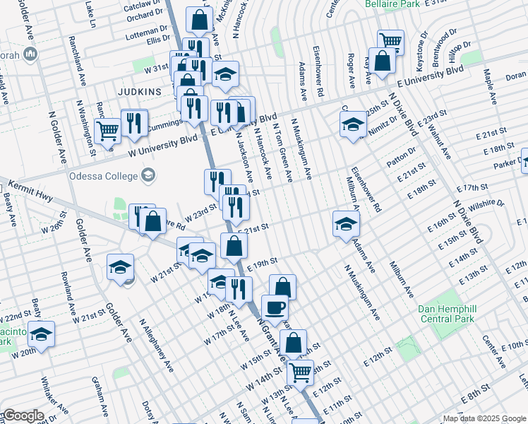 map of restaurants, bars, coffee shops, grocery stores, and more near 2108 North Jackson Avenue in Odessa