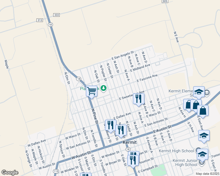 map of restaurants, bars, coffee shops, grocery stores, and more near 600-698 N Cedar St in Kermit