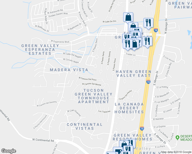 map of restaurants, bars, coffee shops, grocery stores, and more near 558 West Camino del Bondadoso in Green Valley
