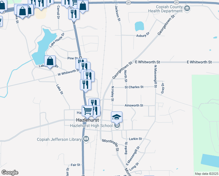 map of restaurants, bars, coffee shops, grocery stores, and more near 318 Georgetown Street in Hazlehurst