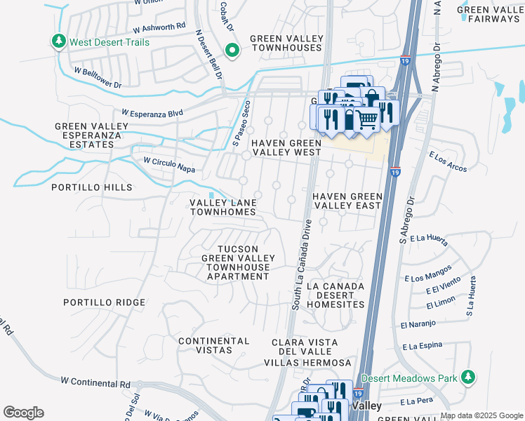 map of restaurants, bars, coffee shops, grocery stores, and more near 444 South Paseo Quinta in Green Valley