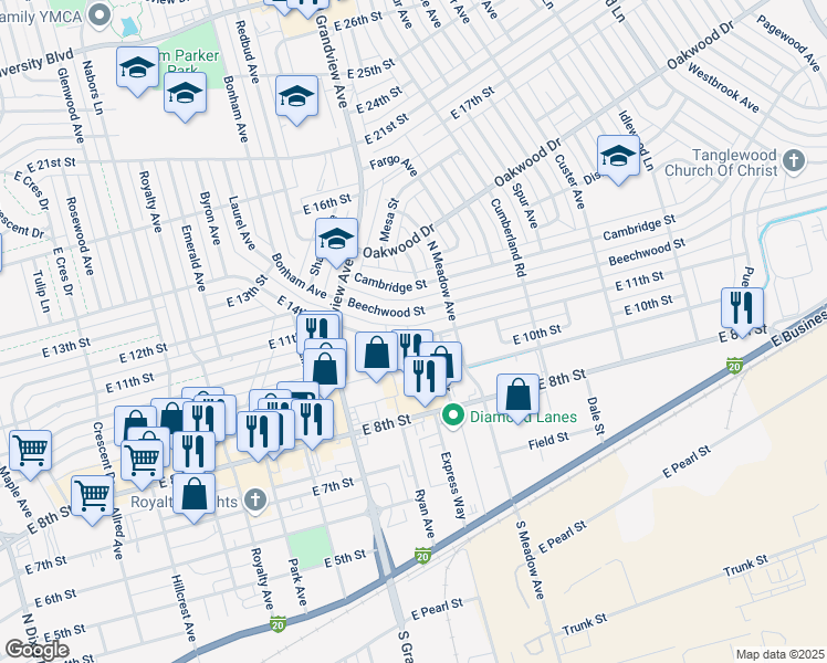 map of restaurants, bars, coffee shops, grocery stores, and more near 2469 East 11th Street in Odessa