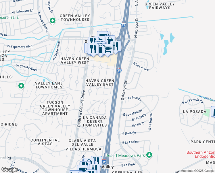 map of restaurants, bars, coffee shops, grocery stores, and more near 436 South Paseo Aguila in Green Valley