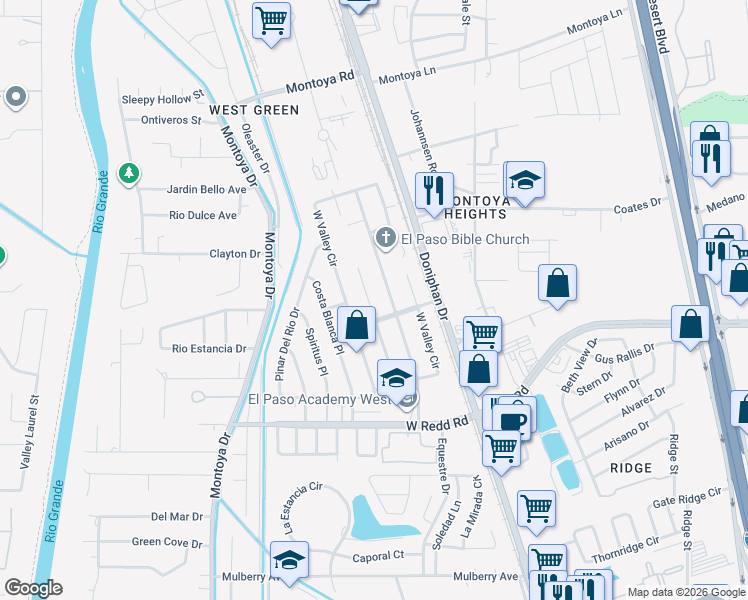 map of restaurants, bars, coffee shops, grocery stores, and more near 5708 Green Castle Road in El Paso