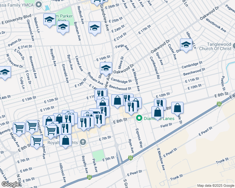 map of restaurants, bars, coffee shops, grocery stores, and more near 2445 East 11th Street in Odessa