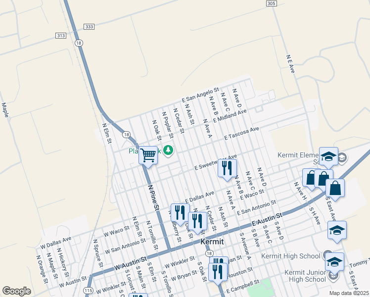map of restaurants, bars, coffee shops, grocery stores, and more near 600 North Cedar Street in Kermit