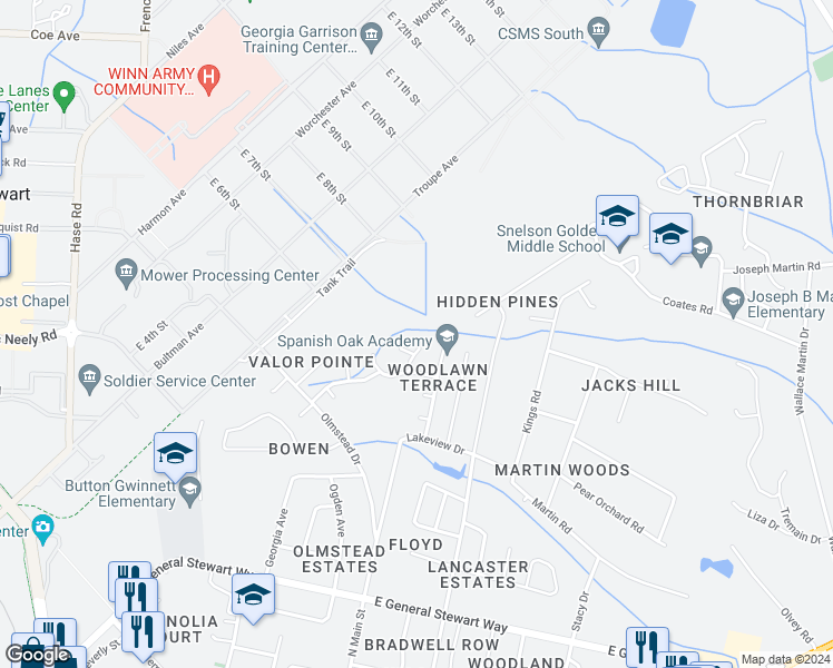 map of restaurants, bars, coffee shops, grocery stores, and more near 806 Huntington Way in Hinesville