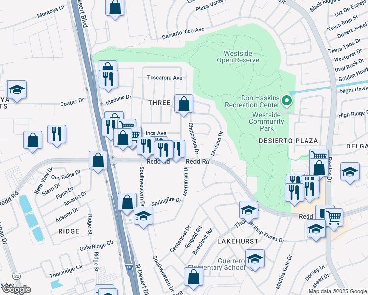 map of restaurants, bars, coffee shops, grocery stores, and more near 916 Oneida Drive in El Paso
