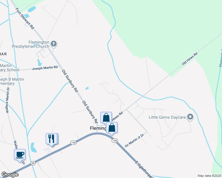 map of restaurants, bars, coffee shops, grocery stores, and more near 22 Rockford Court in Hinesville