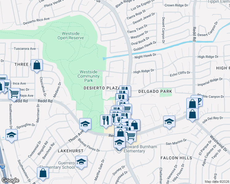 map of restaurants, bars, coffee shops, grocery stores, and more near 7336 Canyon Run Drive in El Paso