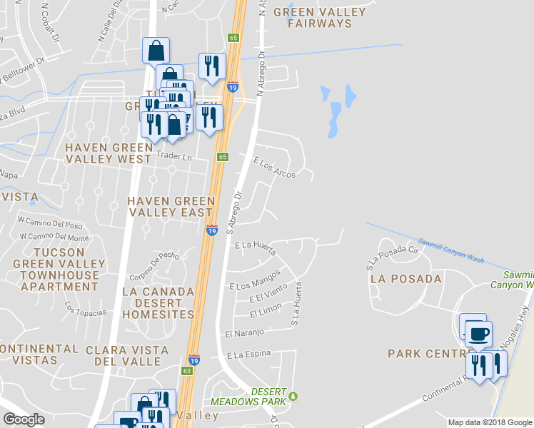 map of restaurants, bars, coffee shops, grocery stores, and more near 403 South Vista Del Rio in Green Valley