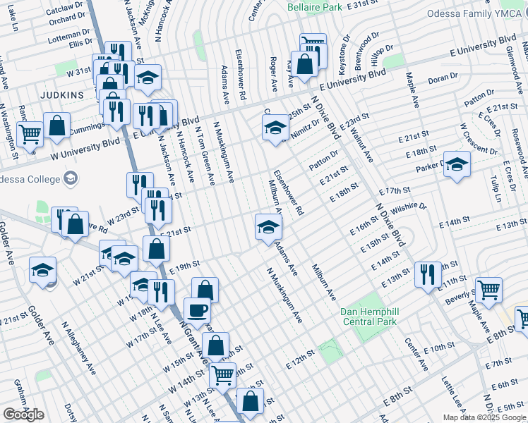 map of restaurants, bars, coffee shops, grocery stores, and more near 1820 Adams Avenue in Odessa