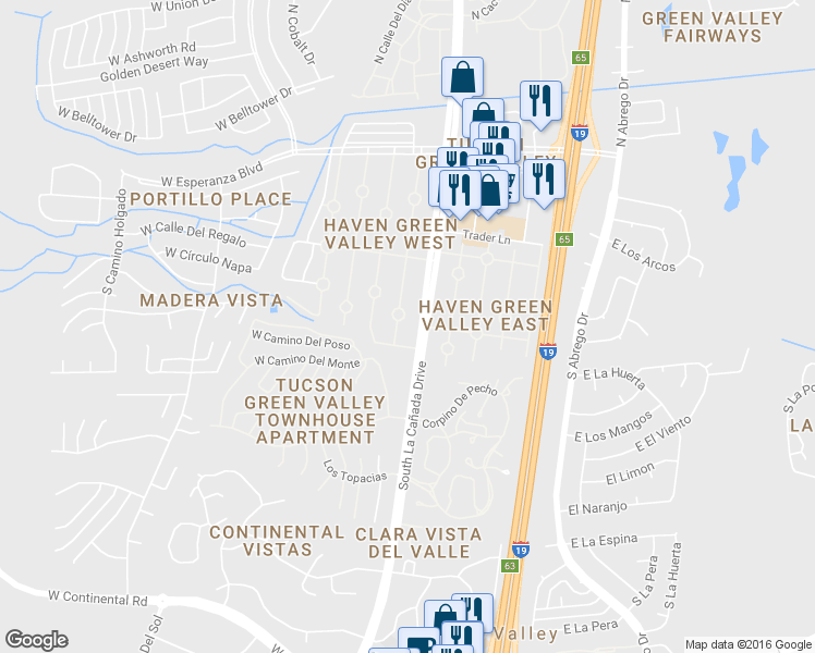 map of restaurants, bars, coffee shops, grocery stores, and more near 445 South Paseo Pena in Green Valley