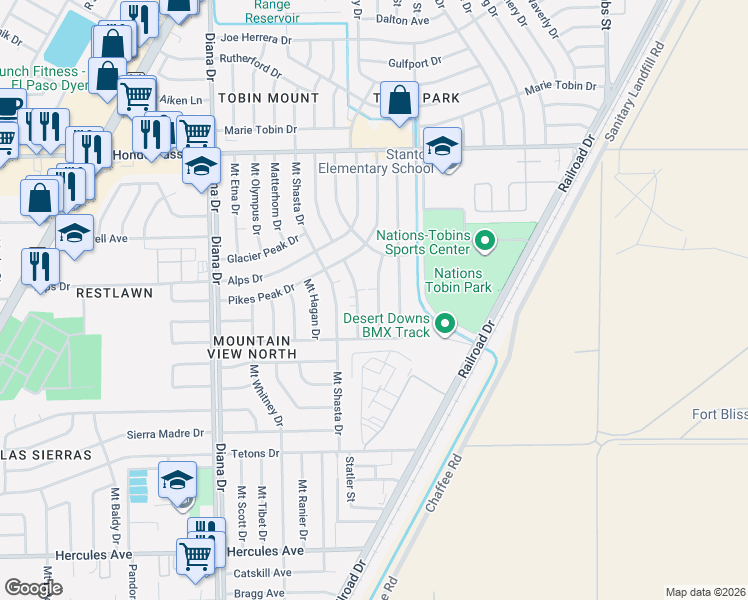 map of restaurants, bars, coffee shops, grocery stores, and more near 8817 Mount Elbert Drive in El Paso