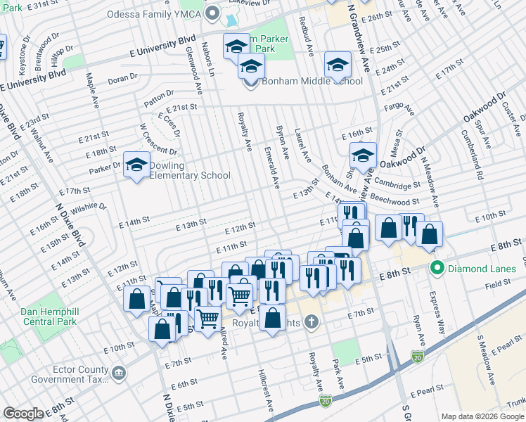 map of restaurants, bars, coffee shops, grocery stores, and more near 1205 Royalty Avenue in Odessa