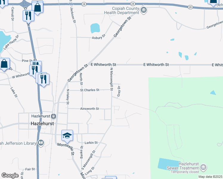 map of restaurants, bars, coffee shops, grocery stores, and more near 304 North Massengill Street in Hazlehurst