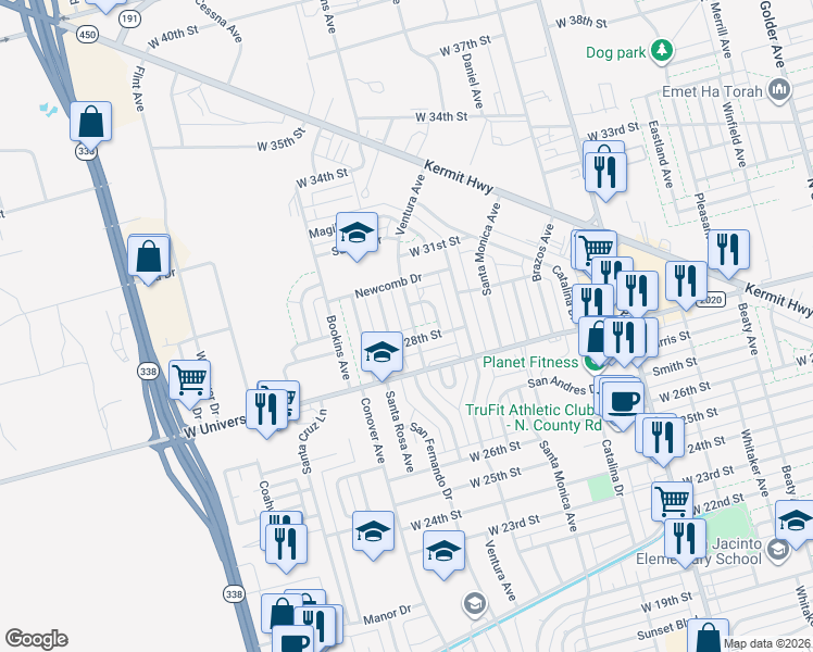 map of restaurants, bars, coffee shops, grocery stores, and more near 2811 Ventura Avenue in Odessa