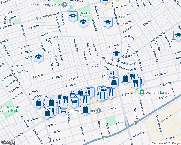map of restaurants, bars, coffee shops, grocery stores, and more near 2201 East 12th Street in Odessa