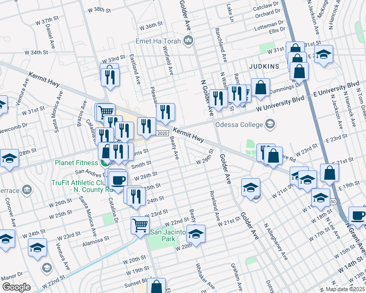 map of restaurants, bars, coffee shops, grocery stores, and more near 2617 Buchanan Avenue in Odessa