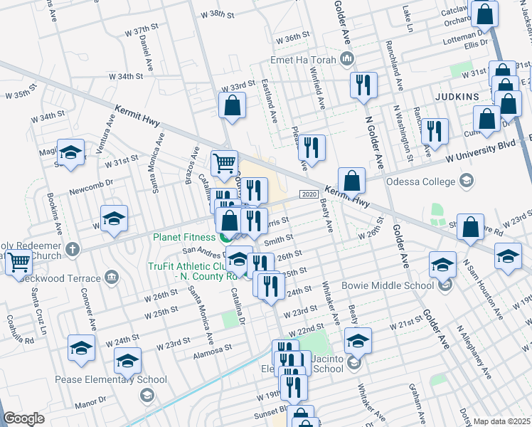 map of restaurants, bars, coffee shops, grocery stores, and more near 1225 West University Boulevard in Odessa