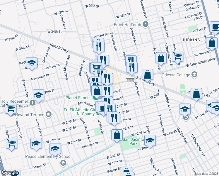 map of restaurants, bars, coffee shops, grocery stores, and more near 1225 West University Boulevard in Odessa