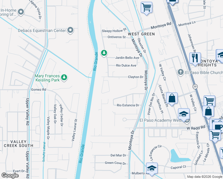 map of restaurants, bars, coffee shops, grocery stores, and more near 424 Clayton Drive in El Paso