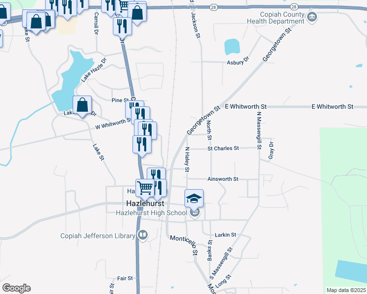 map of restaurants, bars, coffee shops, grocery stores, and more near 318 Georgetown Street in Hazlehurst