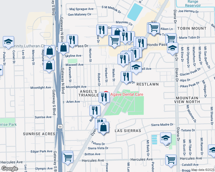 map of restaurants, bars, coffee shops, grocery stores, and more near 4717 Moonlight Avenue in El Paso