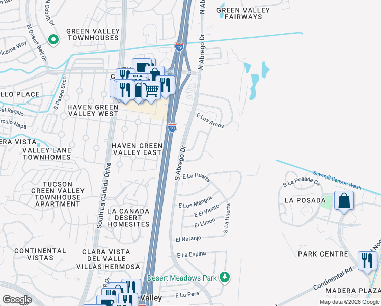 map of restaurants, bars, coffee shops, grocery stores, and more near 351 South Las Hamacas in Green Valley