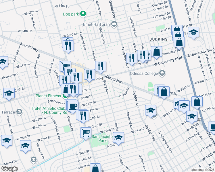 map of restaurants, bars, coffee shops, grocery stores, and more near 2617 Buchanan Ave in Odessa