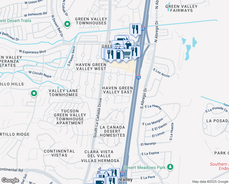 map of restaurants, bars, coffee shops, grocery stores, and more near 422 South Paseo Lobo in Green Valley