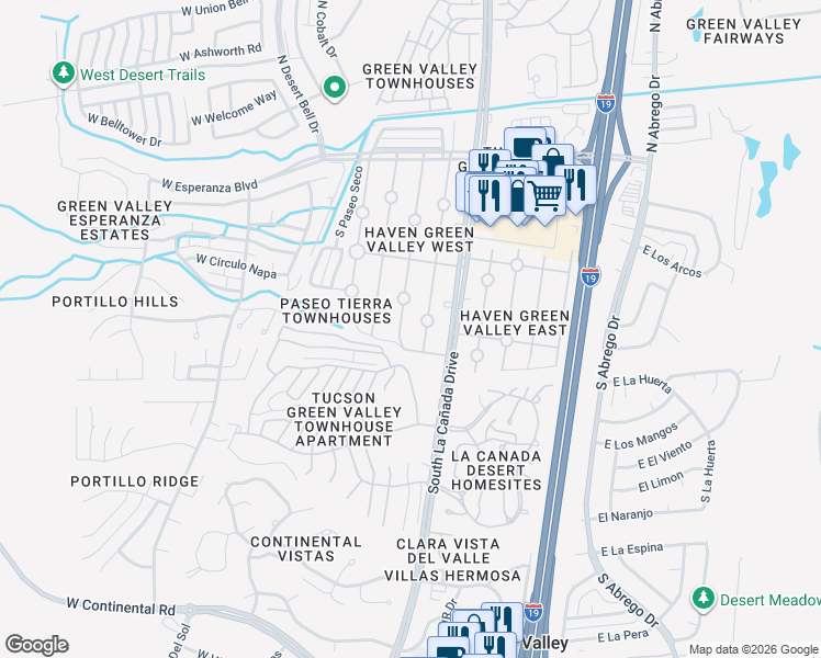 map of restaurants, bars, coffee shops, grocery stores, and more near 457 South Paseo Quinta in Green Valley