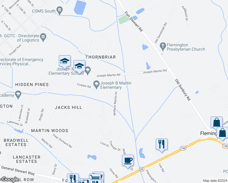 map of restaurants, bars, coffee shops, grocery stores, and more near 694 Wallace Martin Drive in Hinesville