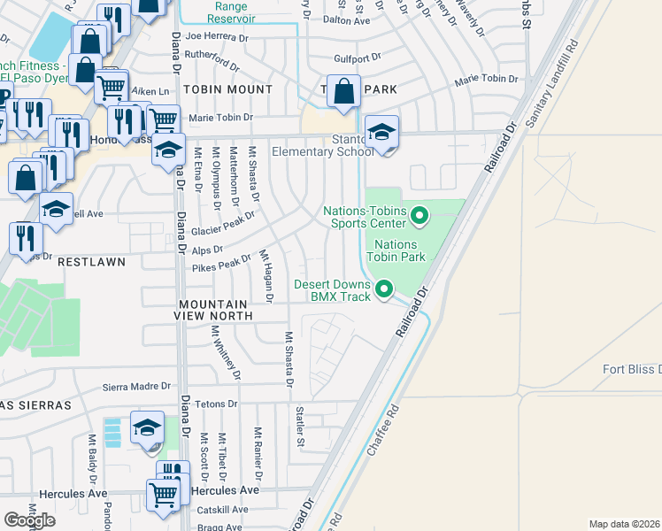 map of restaurants, bars, coffee shops, grocery stores, and more near 8817 Mount Elbert Drive in El Paso