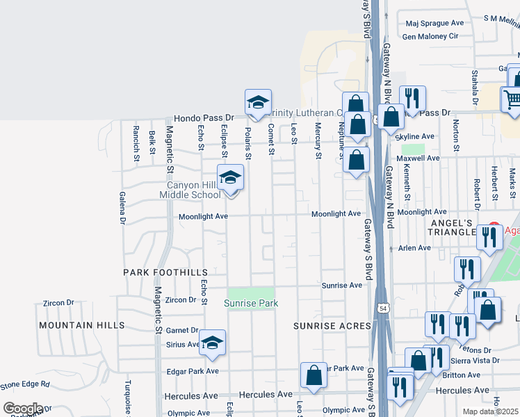 map of restaurants, bars, coffee shops, grocery stores, and more near 8901 Comet Street in El Paso