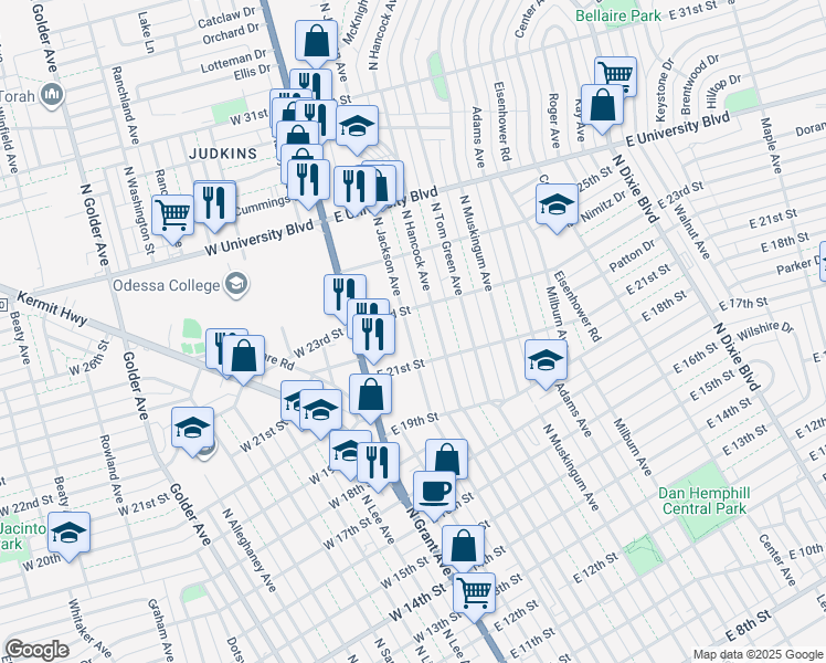 map of restaurants, bars, coffee shops, grocery stores, and more near 2108 North Jackson Avenue in Odessa