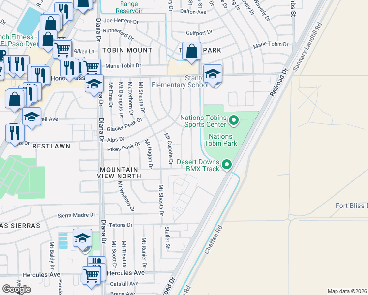 map of restaurants, bars, coffee shops, grocery stores, and more near 8817 Mount Elbert Drive in El Paso