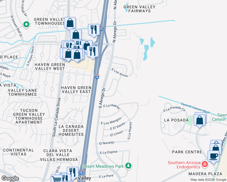 map of restaurants, bars, coffee shops, grocery stores, and more near 403 South Vista Del Rio in Green Valley