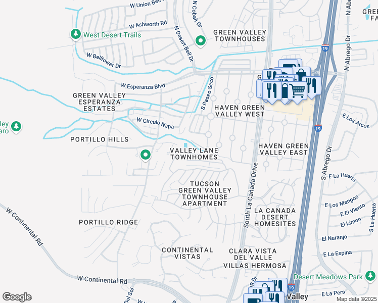 map of restaurants, bars, coffee shops, grocery stores, and more near 635 West Camino del Bondadoso in Green Valley
