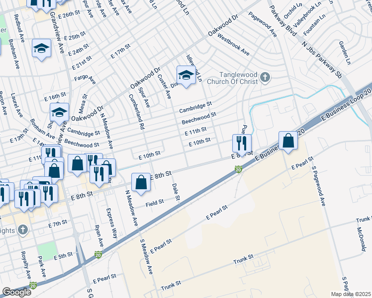 map of restaurants, bars, coffee shops, grocery stores, and more near 937 Custer Avenue in Odessa