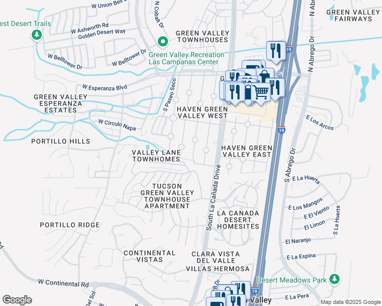 map of restaurants, bars, coffee shops, grocery stores, and more near 444 South Paseo Quinta in Green Valley