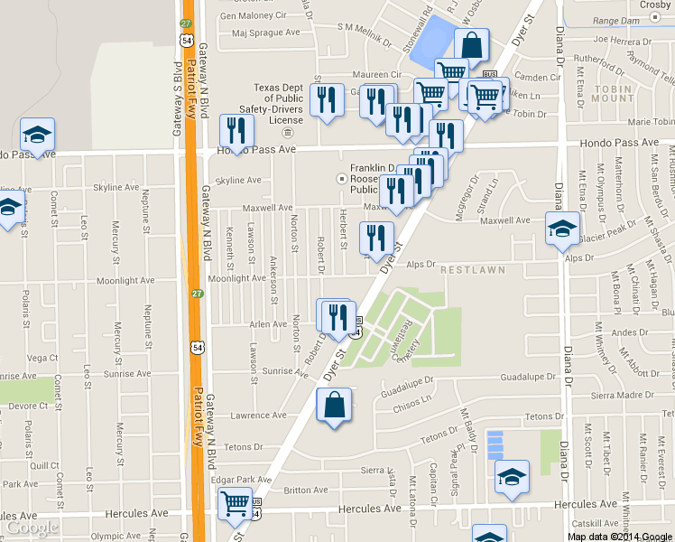 map of restaurants, bars, coffee shops, grocery stores, and more near 4689 Moonlight Avenue in El Paso
