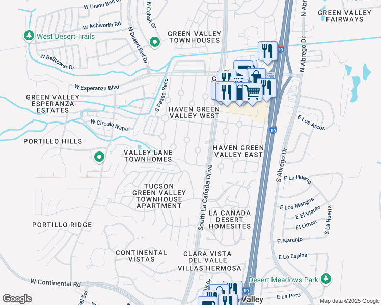 map of restaurants, bars, coffee shops, grocery stores, and more near 444 South Paseo Quinta in Green Valley