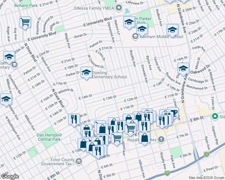 map of restaurants, bars, coffee shops, grocery stores, and more near 1604 East 14th Street in Odessa