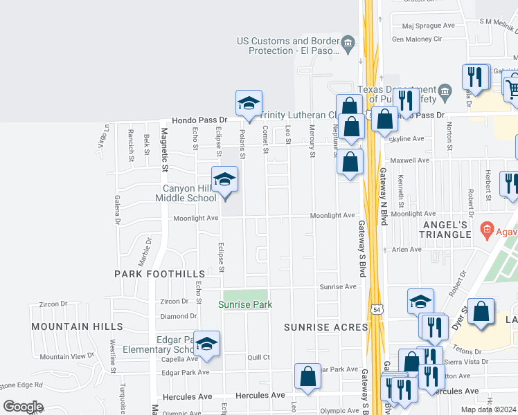 map of restaurants, bars, coffee shops, grocery stores, and more near 3817 Moonlight Avenue in El Paso